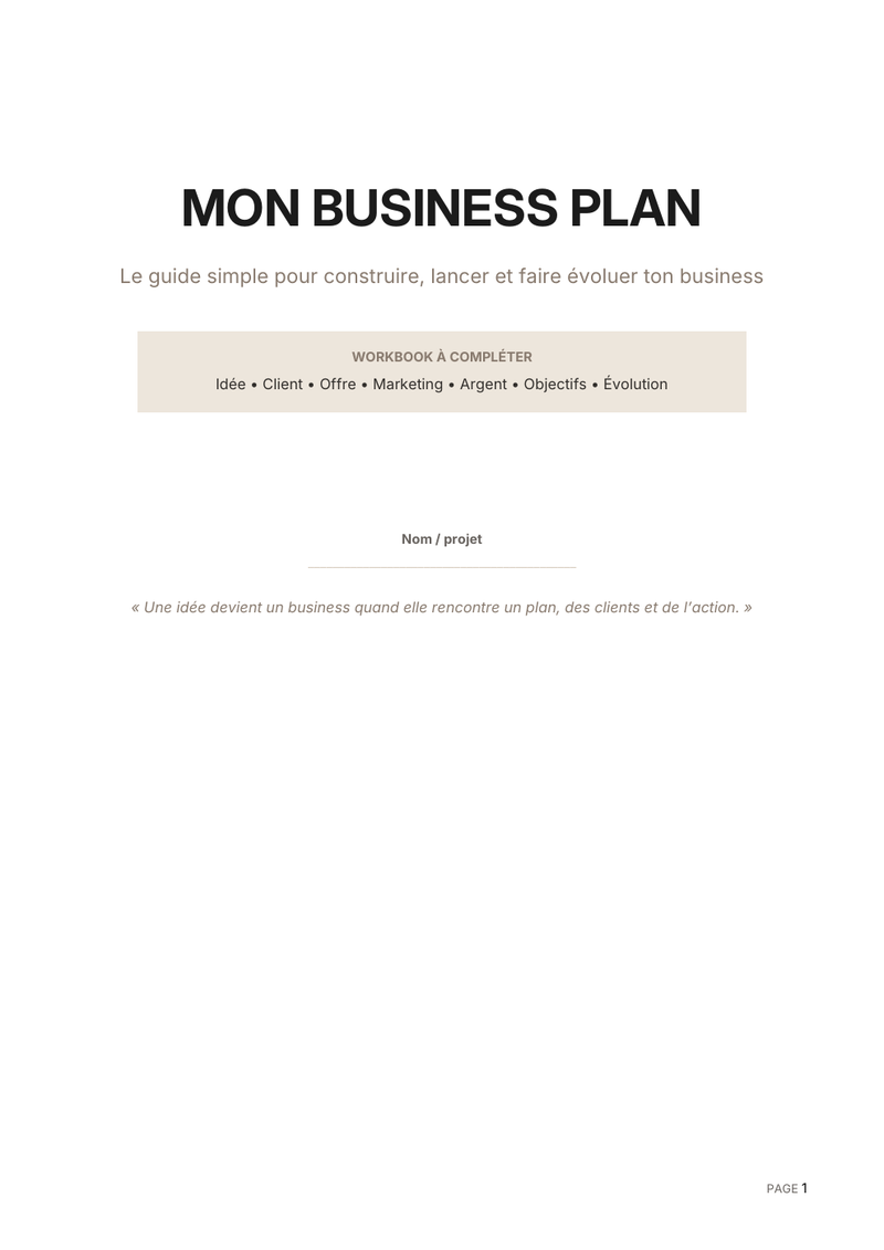 Aperçu de la première page du Business Plan
