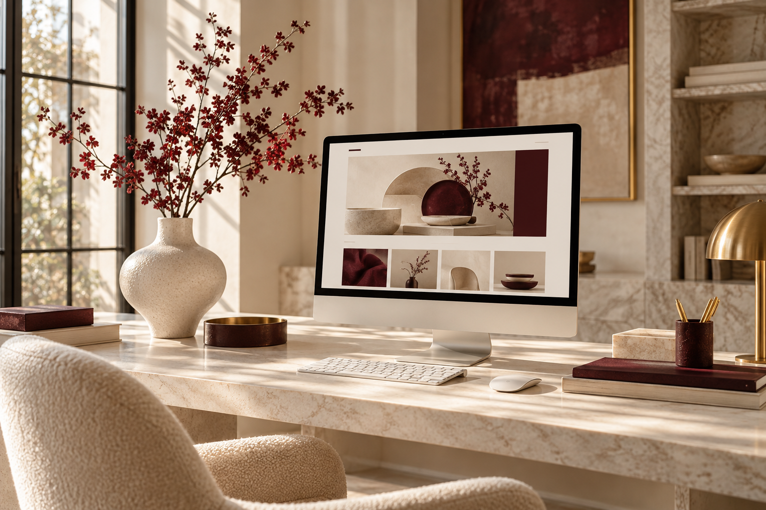 Bureau élégant et écran présentant une boutique en ligne